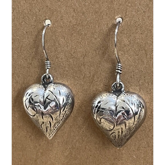 VTG 80s Sterling Silver Etched Puffed Heart Love Dangle Hook Earrings Boho - Picture 2 of 9
